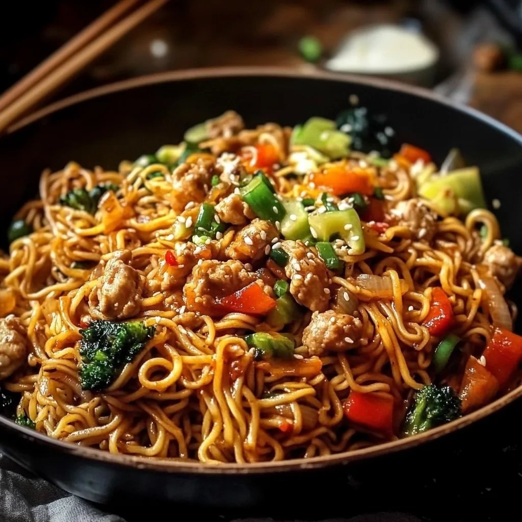 Chinesisch gebratene Nudeln mit Hühnchenfleisch, Ei und Gemüse